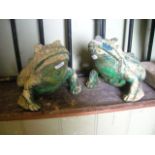 A pair of small cast composition stone garden ornaments in the form of frogs with weathered