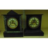 A 19th century black slate and marble mantle clock, the dial with visible escapement and one other