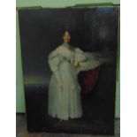 An early 19th century oil on canvas study - young lady in full length white dress standing in