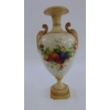 A Worcester oviform vase with scrolled handles and flared neck, decorated with a hand painted swag