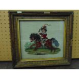 A small 19th century wool work panel showing a young boy riding a galloping pony, 20 x 23 cm