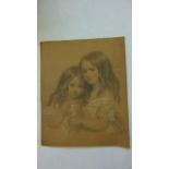 A mid 19th century pastel and chalk study of two young sisters, to the reverse inscription