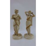 A pair of 19th century Parian figures, classical male and female, clothing highlighted with gilt
