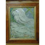 After William Blake - a watercolour showing angels flying over two bodies in a birds eye maple