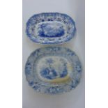 A 19th century blue and white transfer printed meat plate with continental Lakeland scene set within