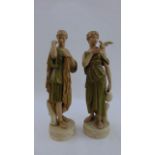 A pair of Royal Dux figures, female character, one with pitcher and dove, the other adjusting her