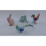 Four Herend hand painted animals including cockerel, two hares and a pheasant