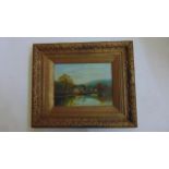 Oil on canvas - 19th century oil on canvas showing a riverside building and weir with extensive