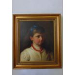 An oil painting on canvas, bust length portrait of a little girl with blue ribbon in her hair and