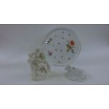 A 19th century Parian group, romantic couple, circular German porcelain tray with hand painted