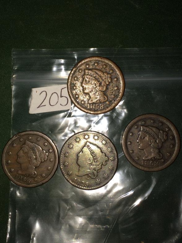 USA, Coins FOur Large Cents 1825, 1846, 1852 and x2 1853. Fine to very fine (4) To bid live please - Image 2 of 2