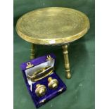 Brass Tripod Table Along With Brass and Enamel Cruet Set To bid live please visit www.