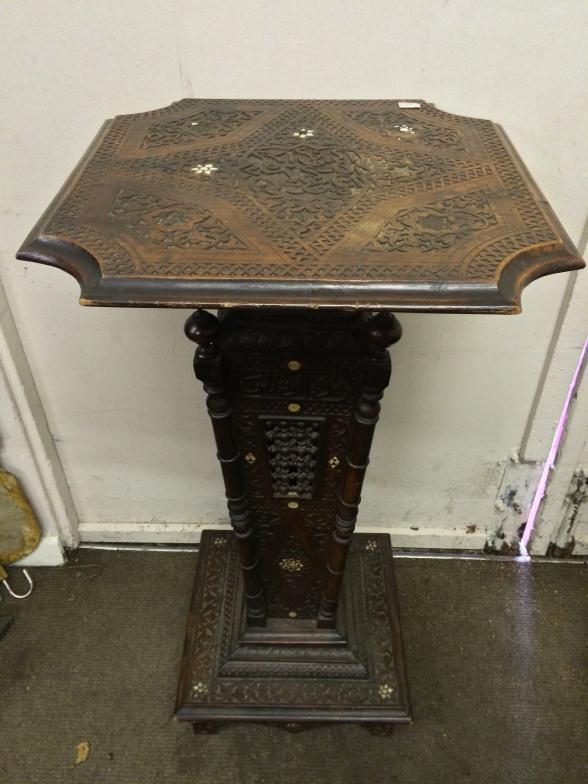 19thC Highly Decorative SYRIAN Carved Wood Stand Having Elaborate Mother Of Pearl Inlay To bid