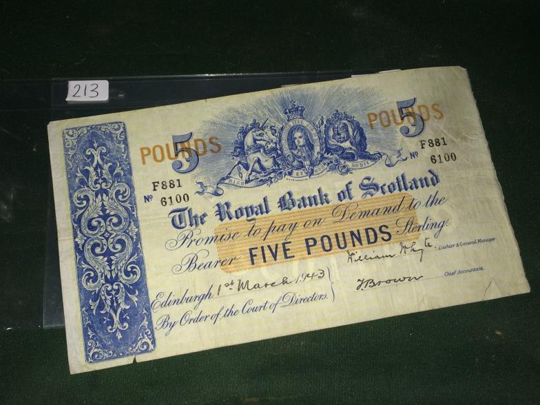 (RBS) Royal Banks Of Scotland £5 Note 1943 To bid live please visit www.yeovilauctionrooms.com