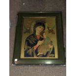 Vintage Russian Icon Style Picture Framed And Glazed Having Cyrillic Text And Gilt Highlights 59 x