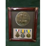Framed WW1 K.I.A Named Trio Of Medals and Death Plaque To. 1144 Cpl Herbert Colley 5 btn Yorkshire