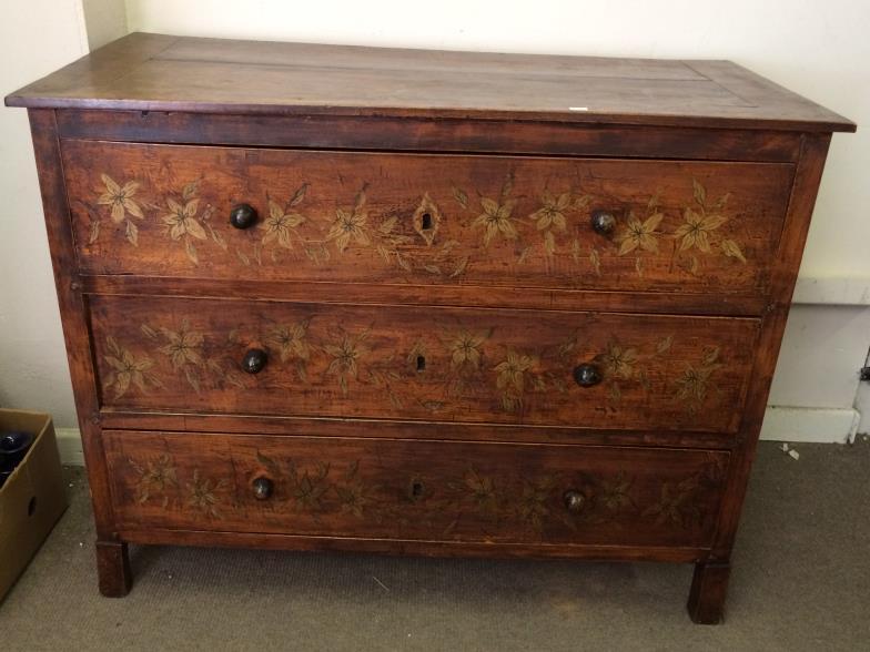 19thC 3 Draw Chest Of Drawers Having Floral Decoration To bid live please visit www.