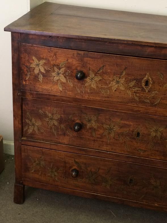 19thC 3 Draw Chest Of Drawers Having Floral Decoration To bid live please visit www. - Image 2 of 4