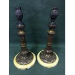 Pair Of Fine Quality Neo Gothic Style Candlesticks Converted To Lamps On Marble Bases 31h x 14