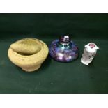 Group Of Three Collectable Items, To Include A China Cat, Iridescent Inkwell and a Pestle and Mortar