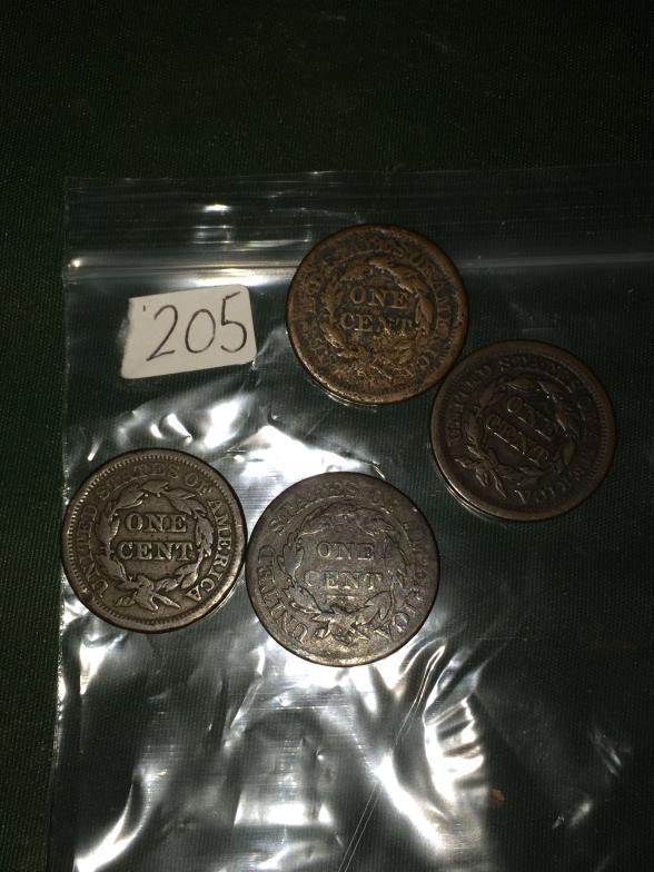 USA, Coins FOur Large Cents 1825, 1846, 1852 and x2 1853. Fine to very fine (4) To bid live please