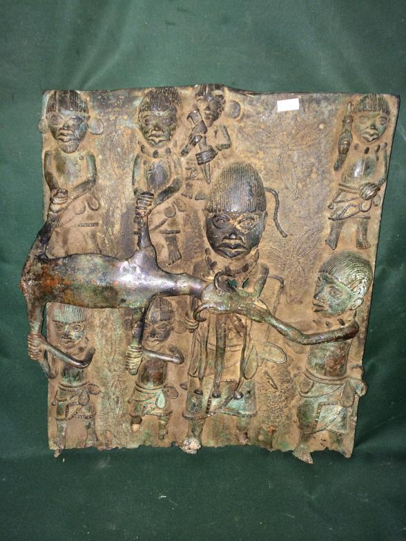 Benin Bronze Relief Plaque Measures 38 x 43.5 cm To bid live please visit www.yeovilauctionrooms.