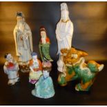 A CHINESE PORCELAIN BUDDA AND FIVE OTHER FIGURES AND A DOG OF FOO