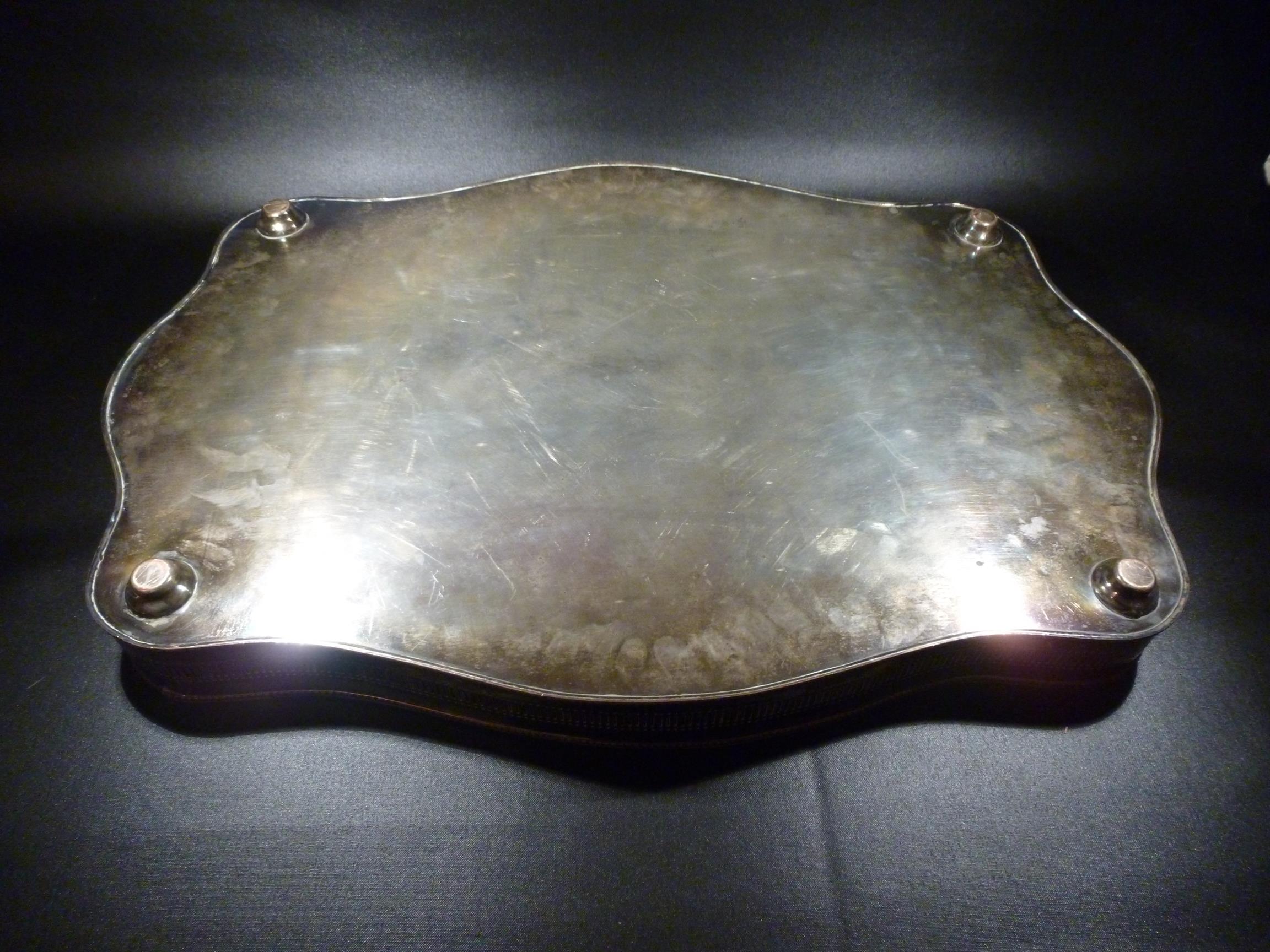 LARGE GALLERIED  SILVER PLATED TRAY (61.5 x 42 cm), A SILVER PLATED SALVER, TROPHY BASE, SPIRIT - Image 3 of 9