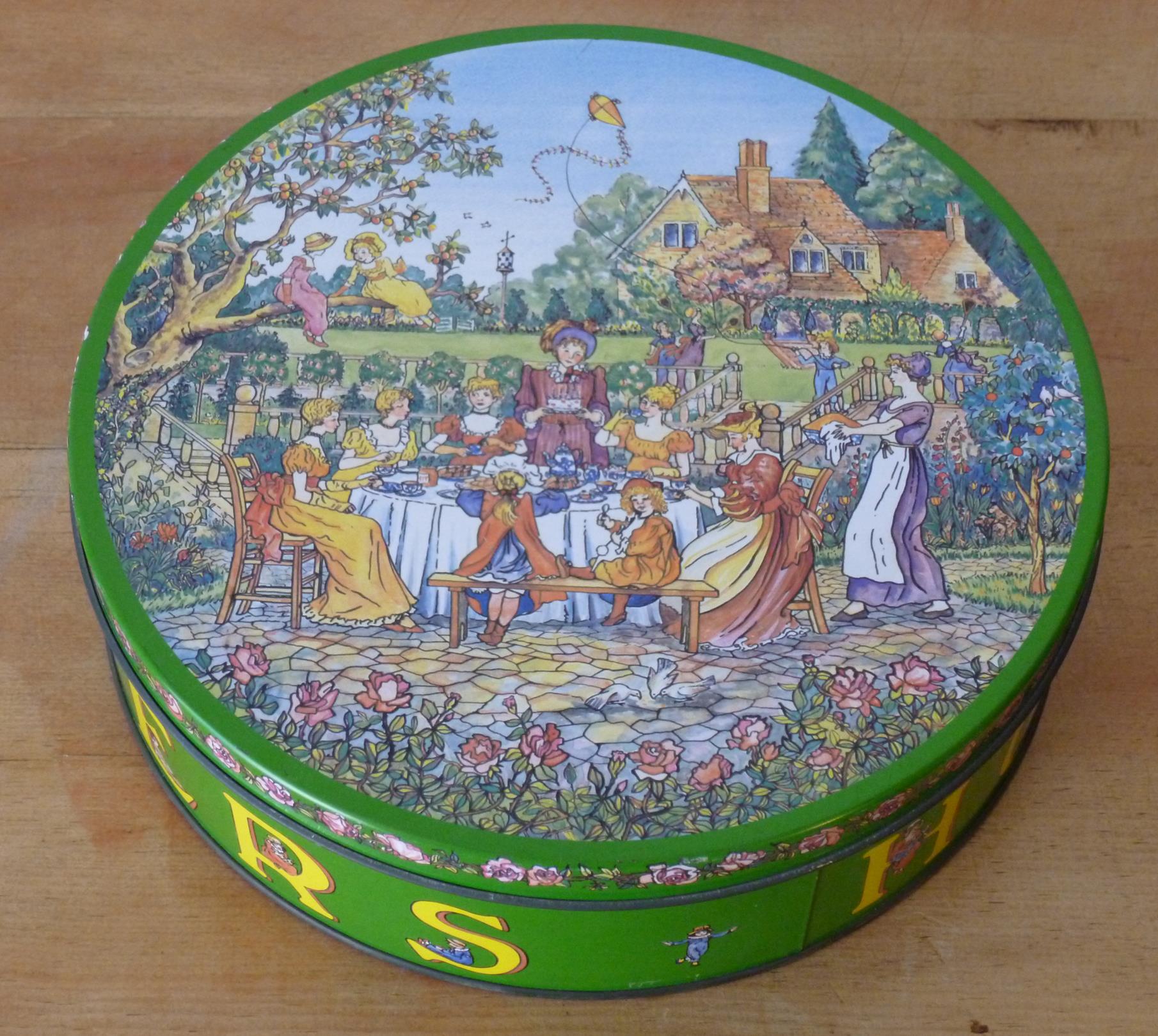 HUNTLEY AND PALMERS BISCUIT TIN WITH RARE 'RUDE' TEA PARTY WITH SCENES OF DEBAUCHERY