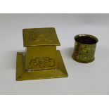 ART NOUVEAU STYLE BRASS INKWELL AND CYLINDRICAL NIB WIPER WITH CELTIC MOTIF DESIGN