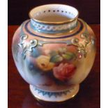 ROYAL WORCESTER PORCELAIN POT POURRI OF QUATRE LOBE FORM PAINTED WITH ROSES WITH A PIERCED RIM ON