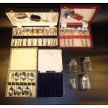 THREE SETS OF PLATED FLATWARE AND A BOX. THREE SILVER TOPPED DRESSING TABLE BOTTLES AND A SHOT GLASS