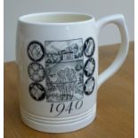 A RARE WEDGWOOD MUG PRINTED IN BLACK WITH DECORATIVE DEVICES TO THE FRONTAND THE POTTERY COMPLEX