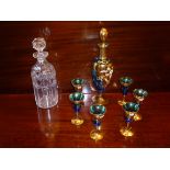 CUT CYLINDRICAL DECANTER WITH STOPPER (h: 27 cm), A VENETIAN SEVEN PIECE LIQUEUR SET AND TWO