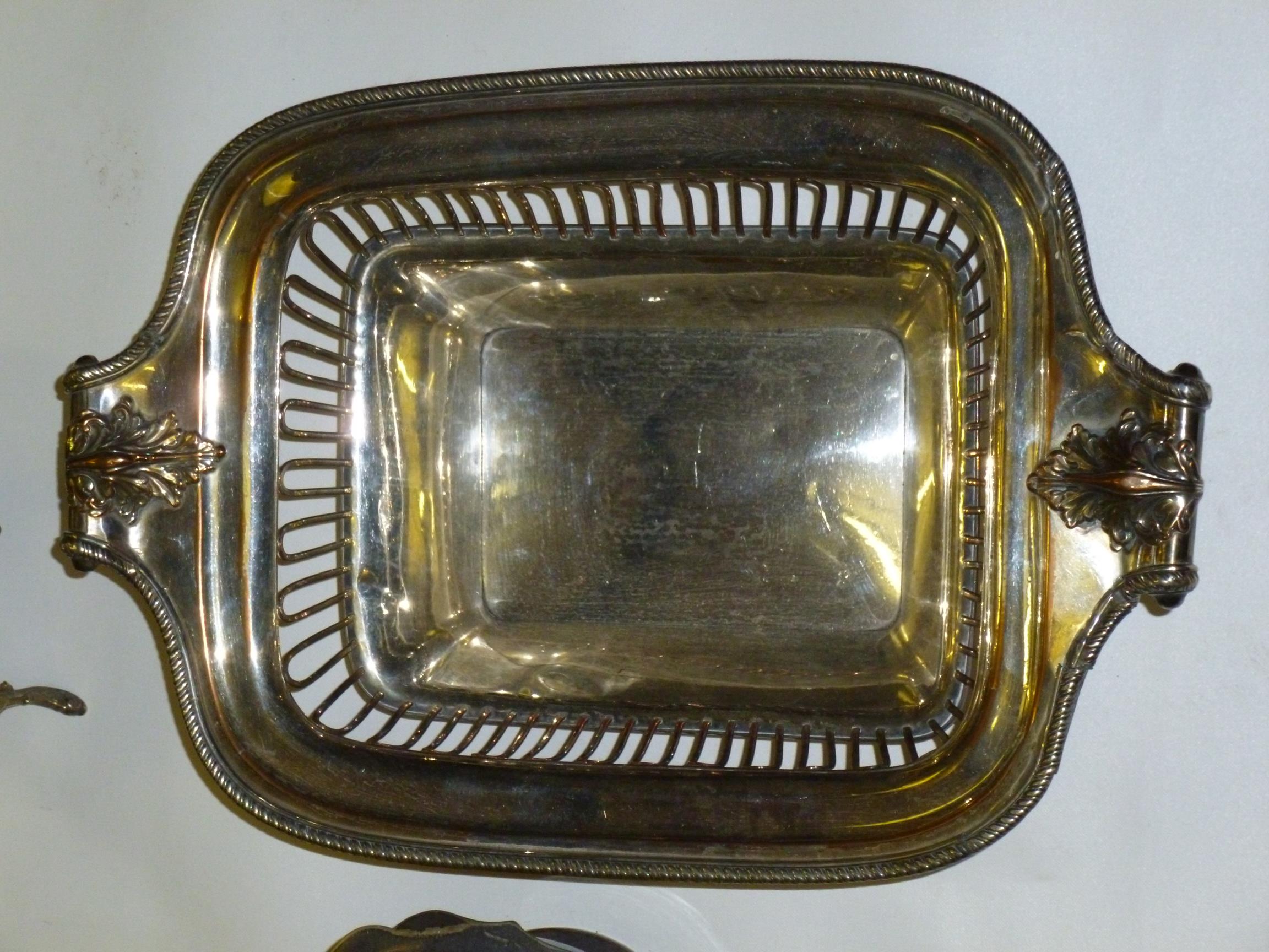 LARGE GALLERIED  SILVER PLATED TRAY (61.5 x 42 cm), A SILVER PLATED SALVER, TROPHY BASE, SPIRIT - Image 8 of 9