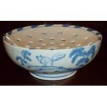 STUDIO POTTERY DELFT STYLE BLUE AND WHITE SALAD DRAINAGE BOWL PAINTED WITH HARES, SQUIRRELS AND SWAN