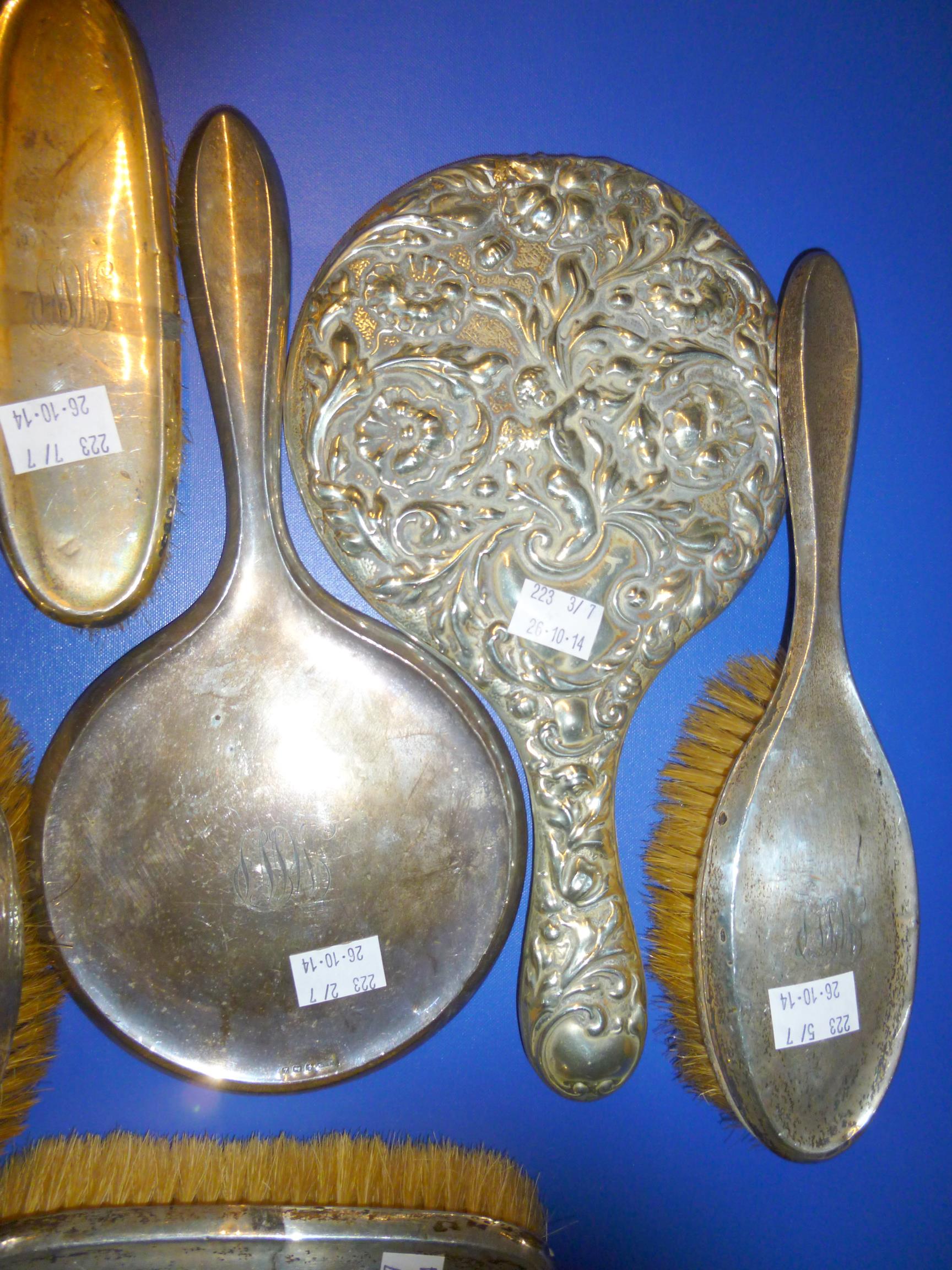 FOUR SILVER BRUSHES AND A HAND MIRROR TOGETHER WITH TWO OTHER ITEMS - Image 2 of 3