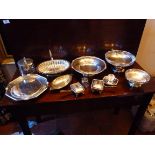 SILVER PLATED SHAPED CIRCULAR FRUIT BOWL WITH A CELTIC RIM (d: 27 cm), TWO OTHER BOWLS, CAKE BASKET,