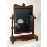 MAHOGANY SWING DRESSING TABLE MIRROR WITH A SHAPED TOP ON A BOWFRONTED BASE, c19th (h: 71 cm w: 56