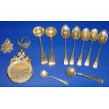 ELGIN BURGH SCHOOL, SILVER AWARD, SILVER PENDANT, LAPIS MOUNTED PILL BOX, EIGHT SILVER SPOONS AND