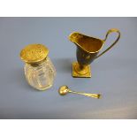 CUT GLASS CASTER WITH A SILVER COVER BY HUKIN + HEATH BIRMINGHAM 1917, SILVER CREAM JUG BY BB