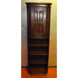 UNUSUAL OAK COCKTAIL CABINET WITH A MOULDED PANEL DOOR ABOVE WITH CANTED SIDES, SWIVEL SHELF.