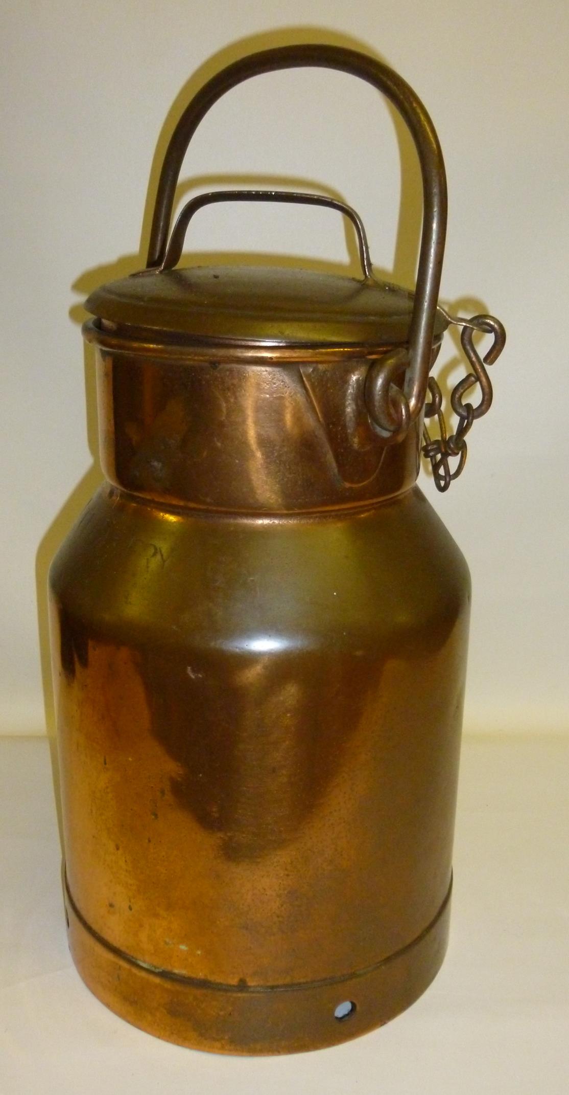 LEITH CREAMERY CO. COPPER CHURN (h: 48 cm INC. HANDLE EXTENDED) ALONG WITH A COPPER BREWERY ULLAGE