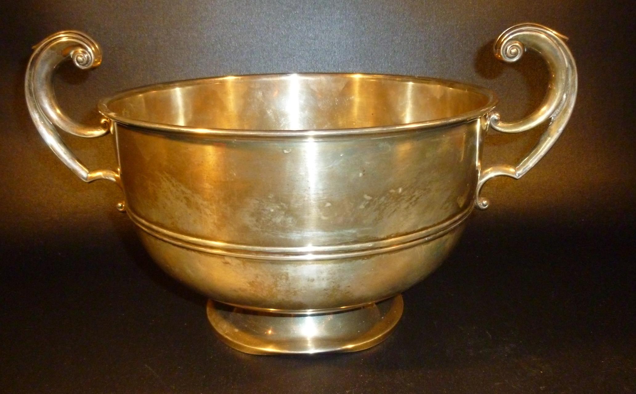 SILVER PUNCH BOWL WITH TWO SCROLL HANDLES BY BARKER BROTHERS (HERBERT EDWARD & FRANK ERNEST) CHESTER