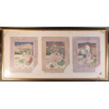 THREE PAINTED LEAVES DEPICTING EROTIC SCENES (FRAMED) WITH LOSS (38 cm x 82.5 cm)