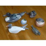 ROYAL COPENHAGEN FIVE BIRDS INCLUDING A DUCK AND A FRON ON A STONE 1468, 1933, 507, 1519, 2266,