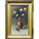 COOKERHAM OIL ON BOARD STILL LIFE VASES OF ROSES, SIGNED AND DATED 1902 (26 cm x 16 cm)