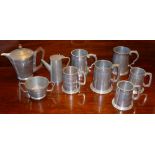 ART DECO HAMMERED PEWTER COFFEE POT, TWO HANDLED SUGAR BASIN EN SUITE, SMALL COFFEE POT AND SIX