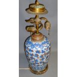 CHINESE BLUE, WHITE AND RED JAR/LAMP WITH FLORAL AND LEAF DECORATION, ON THE TOP ARE THREE BULB