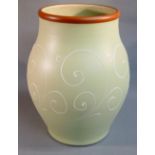 VINTAGE STONEWARE PALE GREEN FERNDALE DENBY VASE WITH WHITE TUBE LINED DECORATION (H: 31 cm)